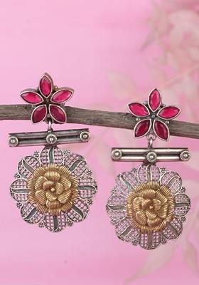 Silver-Toned Silver-Plated Contemporary Oxidised Drop Earrings