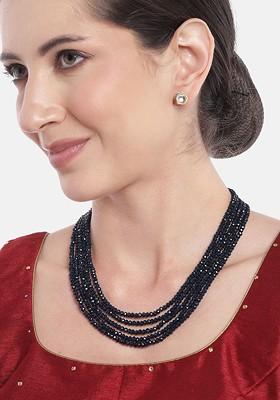 Women Silver-Plated Quartz Studded Layered Beaded Necklace With Earrings