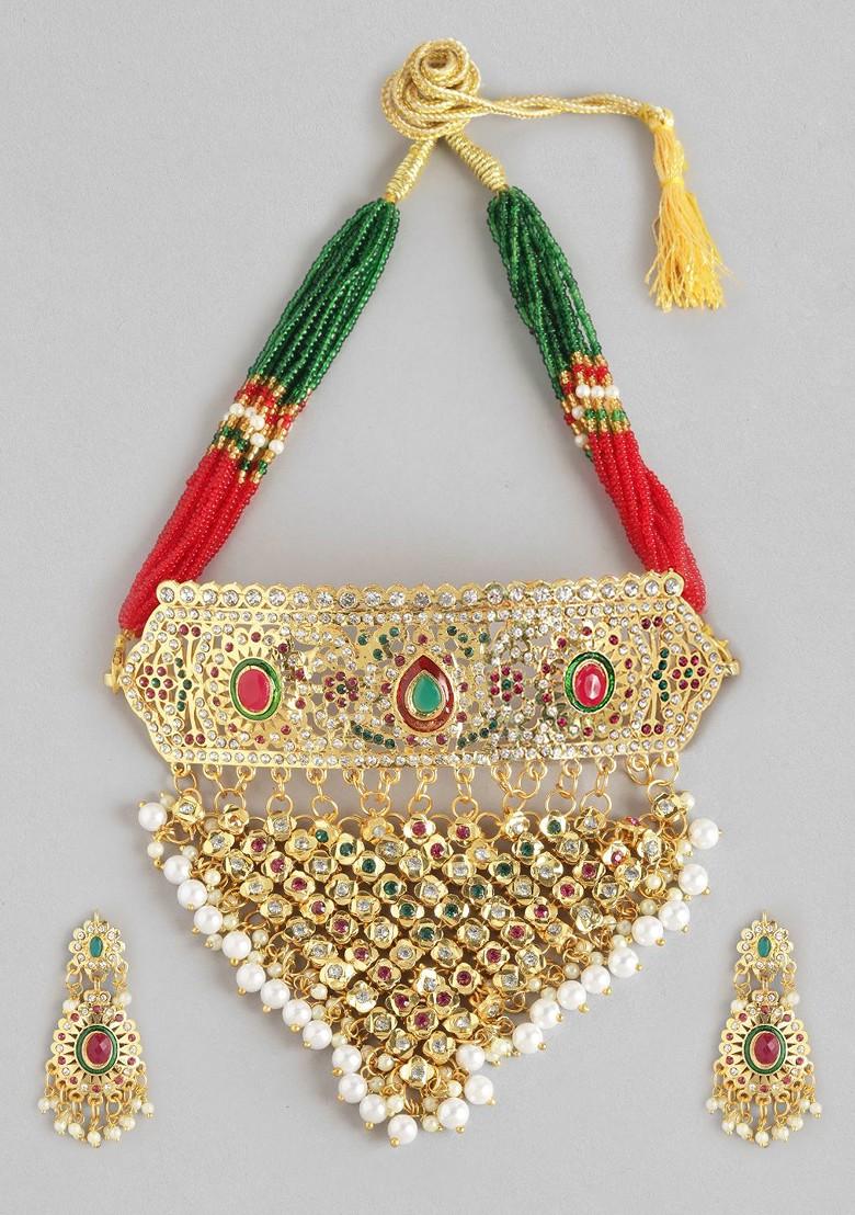 Buy Women Gold-Plated Stones-Studded And Beaded Jewellery Set