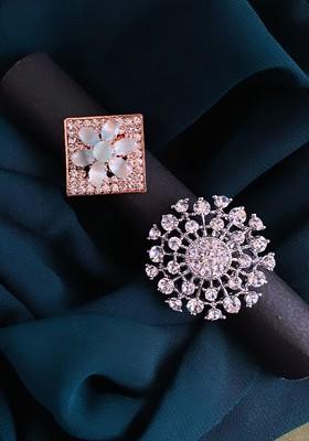 Set Of 2 Silver Plated And Rose Gold Plated Stone Studded Finger Rings