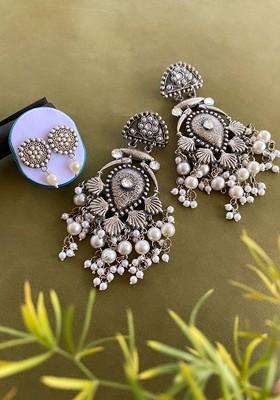 Set Of 2 German Silver Plated Beaded Stone Studded Classic Drop Earrings