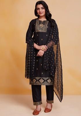 Ethnic Motifs Embroidered Regular Sequinned Kurta Set With Dupatta
