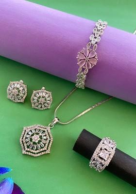 Silver Plated Cubic Zirconia Stone Studded Jewellery Set