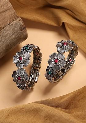 Set Of 2 Silver Plated Oxidised Stone Studded Bangles
