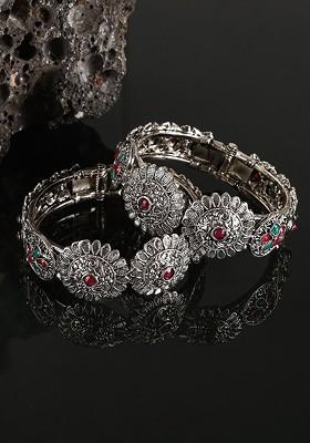 Set Of 2 Silver Plated Oxidized Floral Shaped Bangles