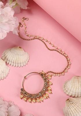 Gold Plated Cubic Zirconia Studded And Beaded Ring Nosepin