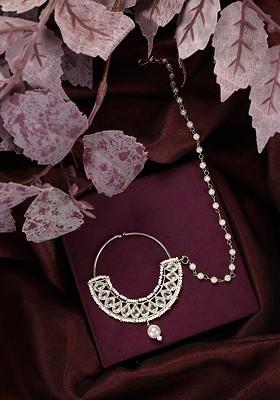 Gold Plated Cubic Zirconia Studded And Beaded Ring Nosepin