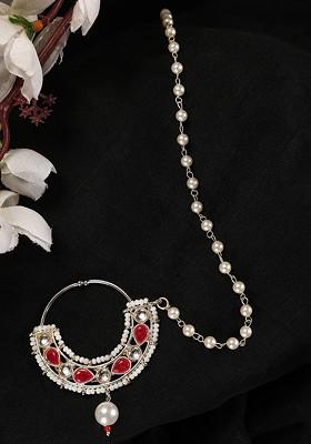 Gold Plated Cubic Zirconia Studded And Beaded Ring Nosepin