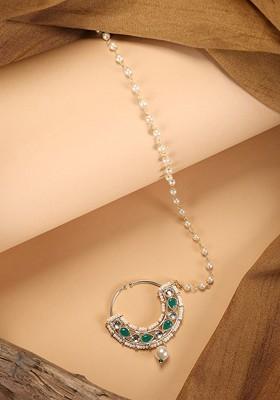 Gold Plated Cubic Zirconia Studded And Beaded Ring Nosepin