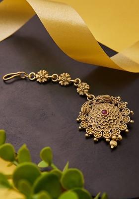 Gold Plated Artificial Stones and Beads Studded Maang Tikka Head Jewellery