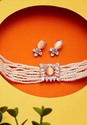 Rose Gold Plated And Cubic Zirconia Studded Jewellery Set
