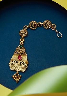 Gold Plated Artificial Stones and Beads Studded Maang Tikka Head Jewellery