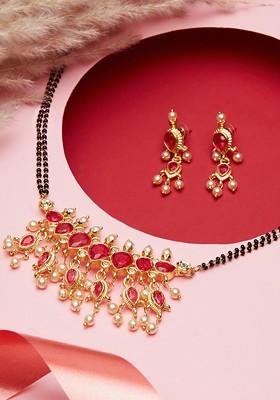 Gold Plated Stones Studded and Beaded Floral Shaped Mangalsutra