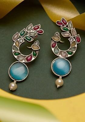 German Silver Silver Plated Beaded And Stone Studded Drop Earrings