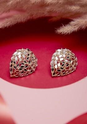 Gold Plated Stone Studded Leaf Shaped Studs Earrings