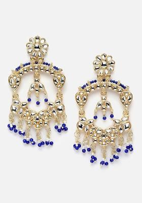 Gold-Plated Kundan-Studded And Pearls Beaded Chandelier Drop Earrings