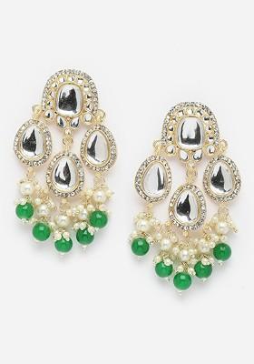 Gold-Plated Kundan-Studded And Beaded Contemporary Drop Earrings