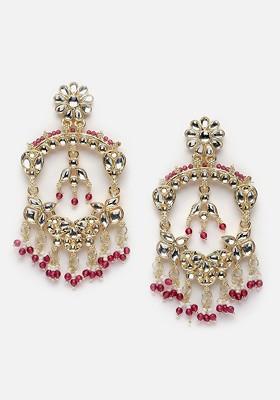 Gold-Plated Kundan-Studded And Pearls Beaded Chandelier Drop Earrings