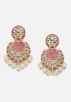 Gold-Plated Pearls Kundan Crescent Shaped Drop Earrings
