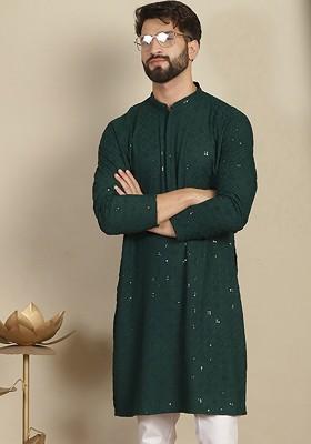 Green Geometric Embroidered Mandarin Collar Long Sleeves Sequinned Cotton Kurta