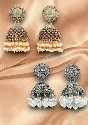 Gold And Silver Plated Bead Dome Shaped Jhumka Earrings