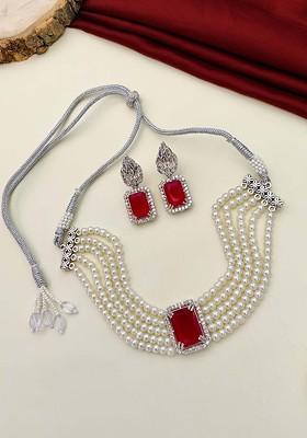 Silver-Plated Cubic Zirconia-Studded And Beaded Jewellery Set