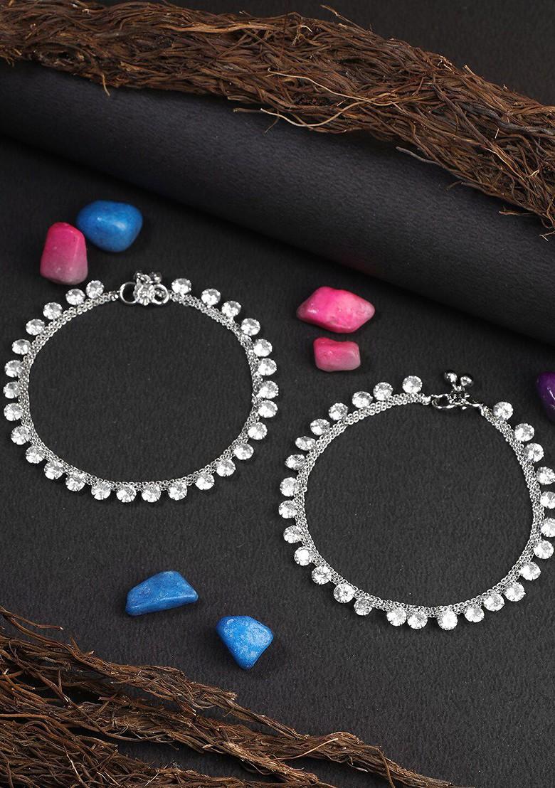 Set Of 2 Silver Plated Stone Studded Anklets