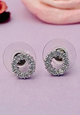Silver-Toned Silver-Plated American Diamond Circular Shaped Stud Earrings
