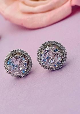 Silver-Toned Silver-Plated American Diamond Circular Stud Earrings