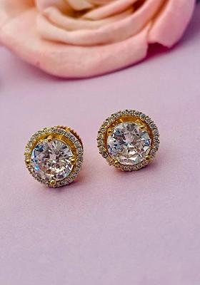 Gold-Toned Gold-Plated American Diamond Circular Shaped Stud Earrings