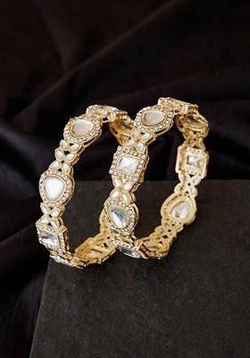 Set Of 2 Gold Plated Kundan Stone Studded Bangles