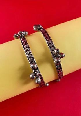 Set Of 2 Silver Plated Ghunghroo Stone Studded Bangle