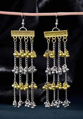 Gold And Silver Plated And Ghunghroo Studded And Layered Drop Earrings
