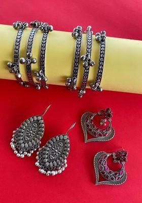 German Silver Silver Plated Ghungroo Detail Stone Studded Jewellery Set