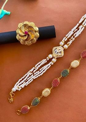 Gold Plated Stone Studded And Beaded Jewellery Set