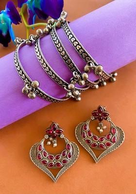German Silver Silver Plated Stone Studded Jewellery Set