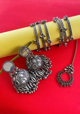 German Silver Silver Plated Stone Studded Jewellery Set