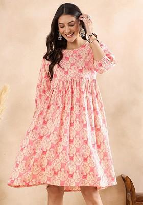 Peach-Coloured Geometric Printed Puff Sleeves Gathered Pure Cotton A-Line Dress