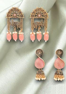 Gold Plated Stone Stud And Bead Animal Shaped Drop Earrings