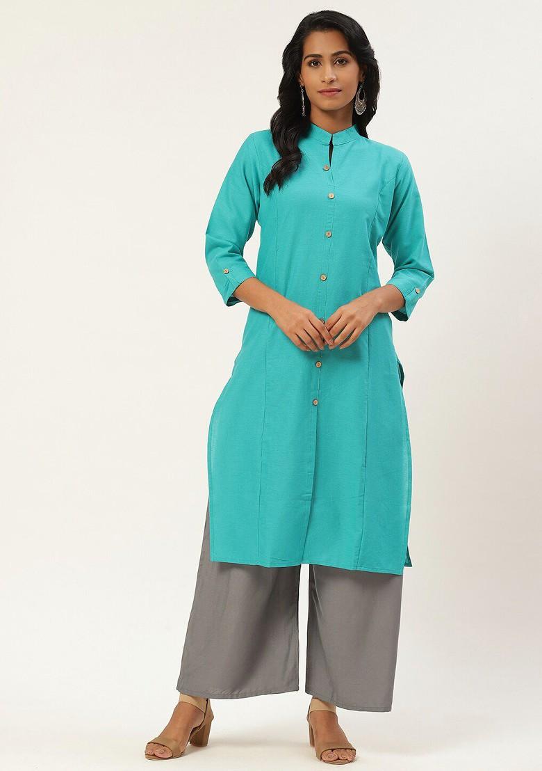 Buy Women Mandarin Collar Cotton Straight Kurta 28865076