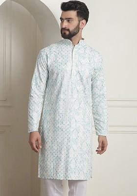 Geometric Embroidered Mandarin Collar Sequined Pure Cotton Straight Kurta