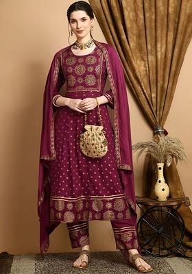 Ethnic Motifs Printed Empire Mirror Work Kurta With Trousers And Dupatta