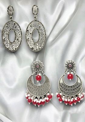 Silver Plated Stone Stud And Bead Brass Classic Oxidised Drop Earrings