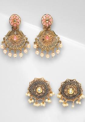 Gold Plated Stone Stud And Bead Brass Classic Antique Drop Earrings