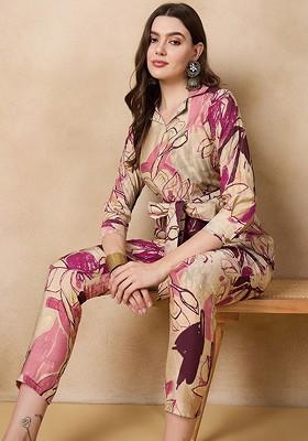 Beige Floral Printed Shirt Collar Co-Ords