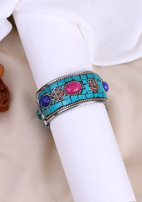 Women Turquoise Blue Oxidised Stone Studded Silver Plated Kada Bracelet