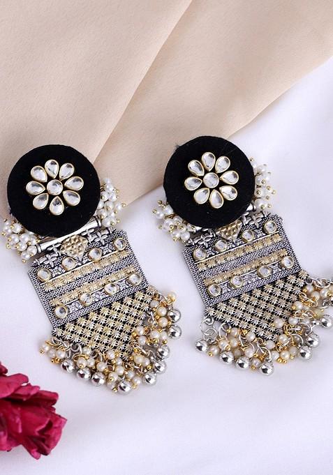 Gold Plated Beaded And Stone Studded Contemporary Drop Earrings