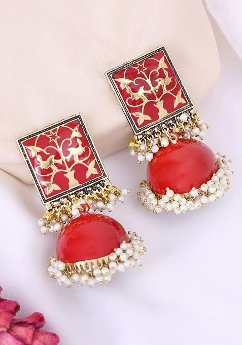 Gold Plated Red And White Pearls Jhumka Earrings