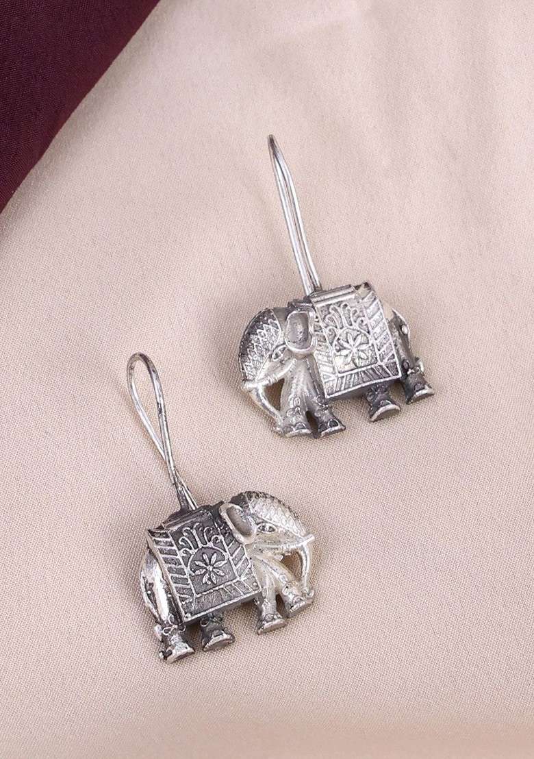 Silver Toned Elephant Shaped Oxidized Silver Plated Drop Earrings - Indya
