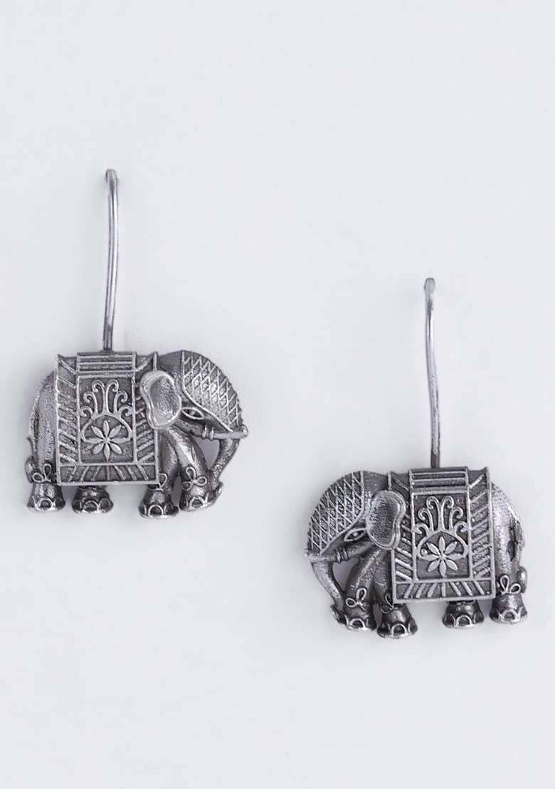 Silver Toned Elephant Shaped Oxidized Silver Plated Drop Earrings - Indya